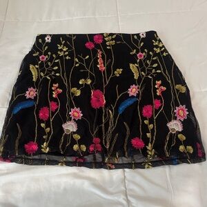 Hot Gal Black Mini Skirt with Pink, Blue & Gold Floral Embroidery